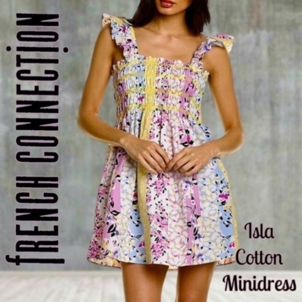 FRENCH CONNECTION Isla Colorful Smocked Bodice Organic Cotton Minidress-NWT/8